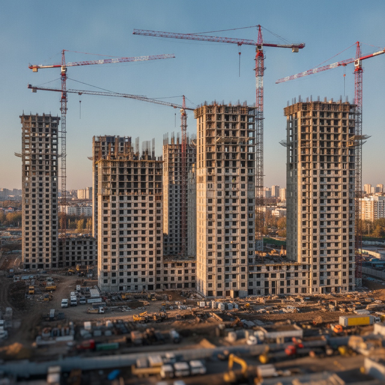 Современный жилой комплекс на этапе строительства с башенными кранами