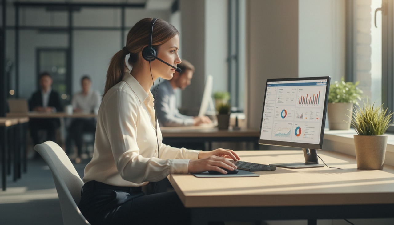 Менеджер по продажам на звонке с клиентом и данными CRM на экране ноутбука